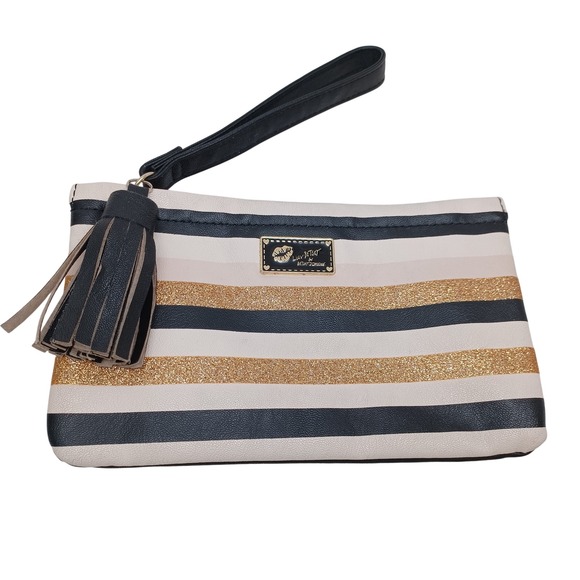 Luv Betsey Handbags - Luv Betsey by Betsey Johnson Striped Glitter Wristlet Pouch Black Gold Cream